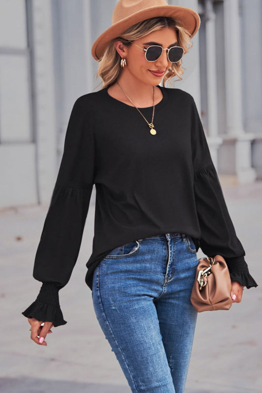 Long Flounce Sleeve Round Neck Top