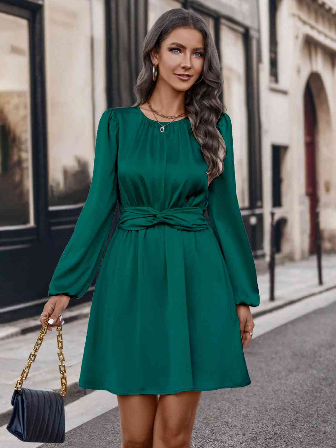 Twisted Round Neck Long Sleeve Dress