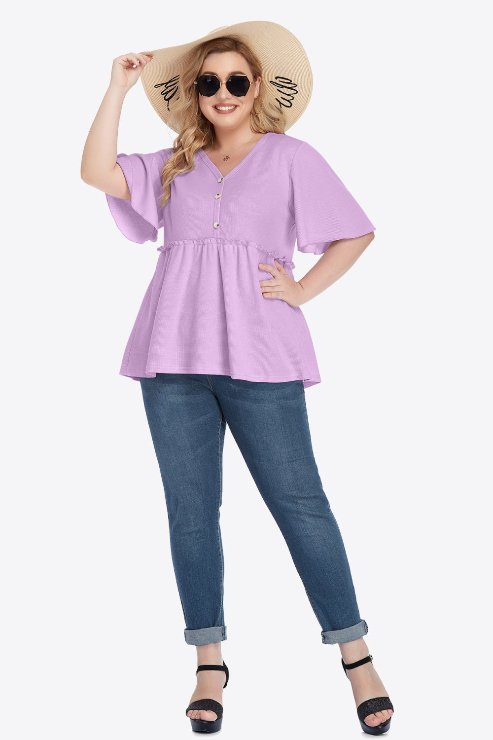 Plus Size Buttoned V-Neck Frill Trim Babydoll Blouse