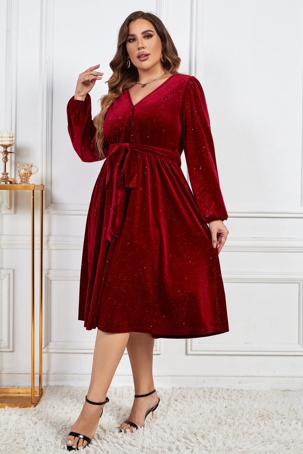 Plus Size Surplice Neck Balloon Sleeve Tie Belt Midi Dress