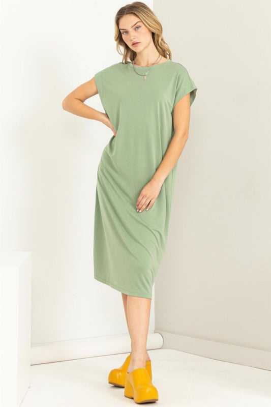 HYFVE Round Neck Midi Tee Dress in Matte Olive