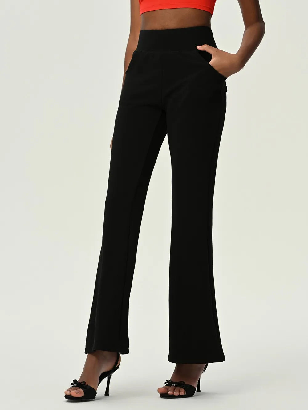 High Waist Flare Leg Pants with Pockets