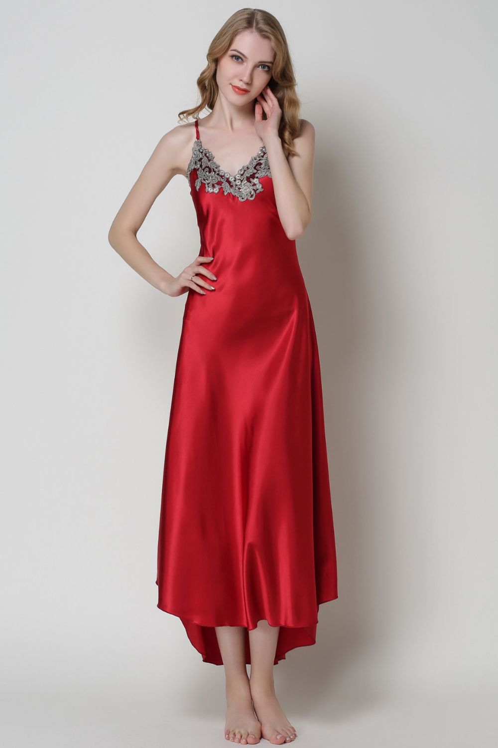 Full Size Lace Trim V-Neck Spaghetti Strap Satin Night Dress