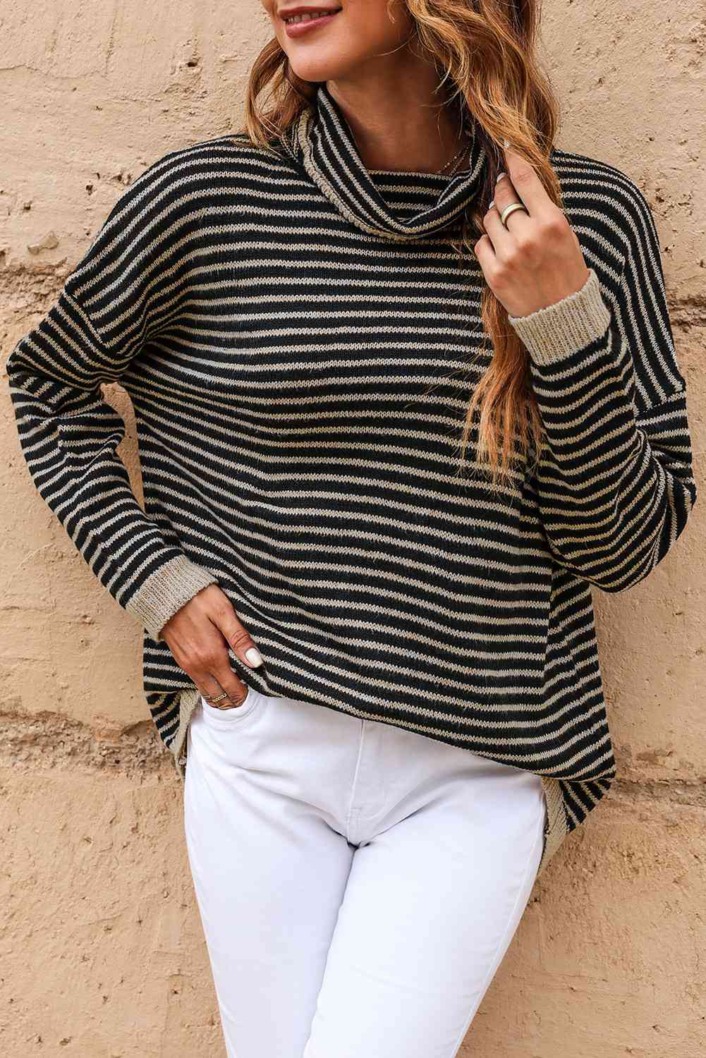 Striped Drop Shoulder Turtleneck Sweater