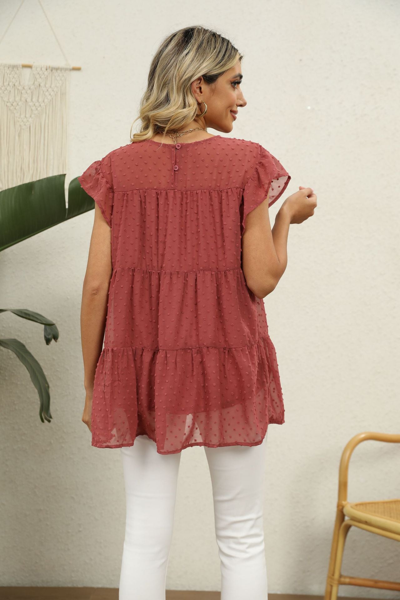 Swiss Dot Round Neck Tiered Blouse