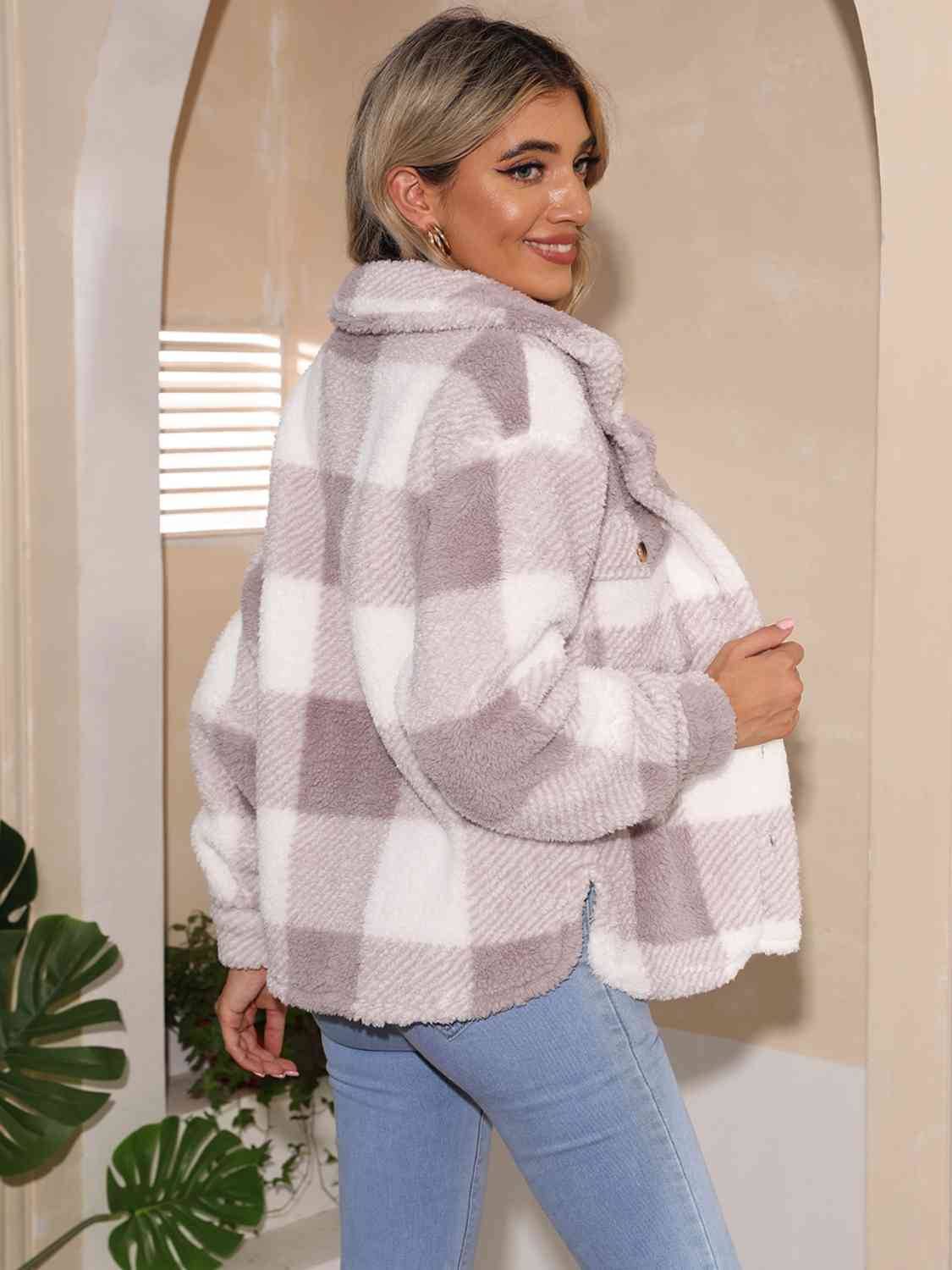 Plaid Collared Neck Drop Shoulder Coat