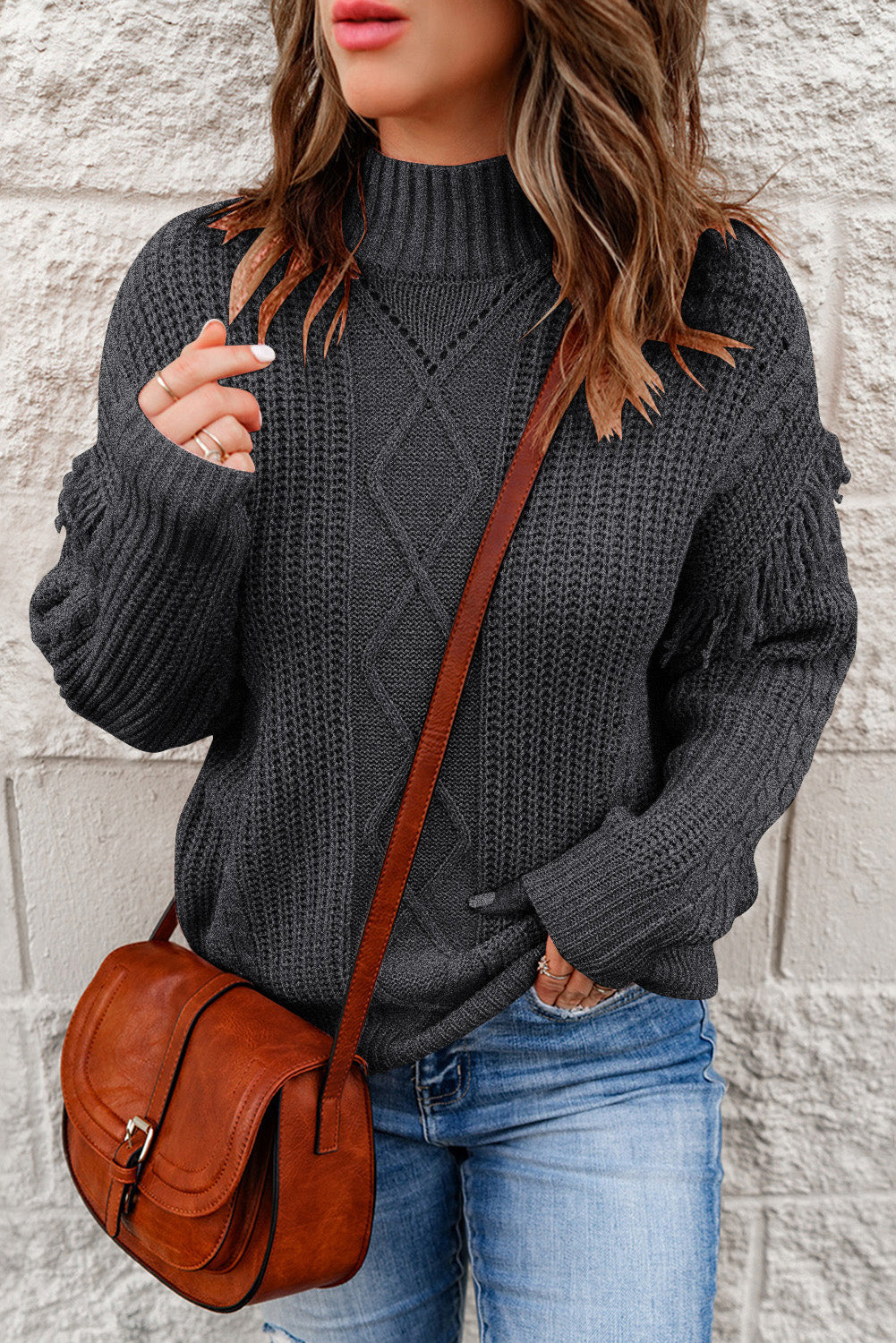 Fringe Detail Mixed Knit Sweater