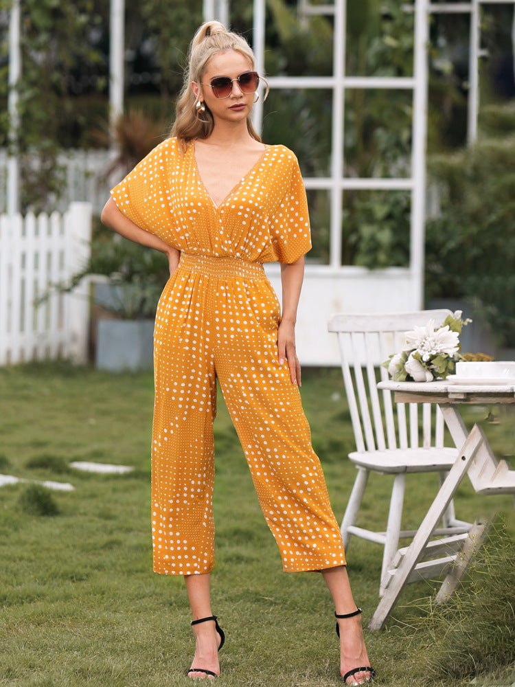 Polka Dot Surplice Neck Jumpsuit with Pockets