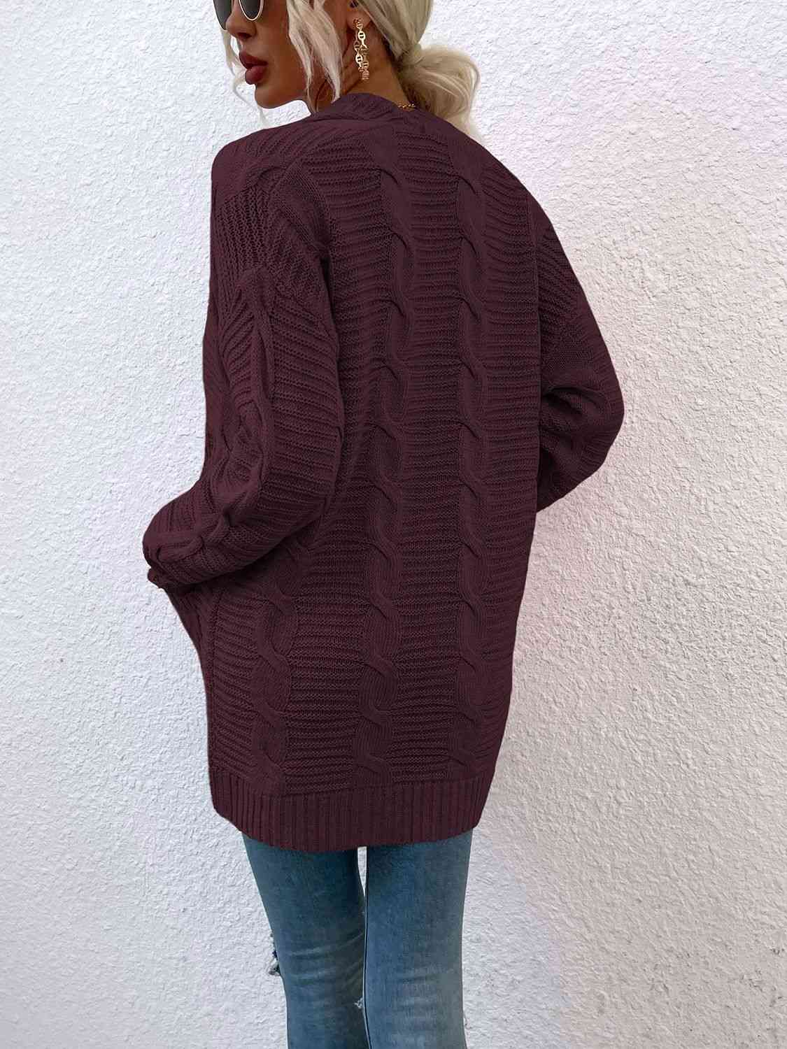 Cable-Knit Open Front Cardigan with Pockets