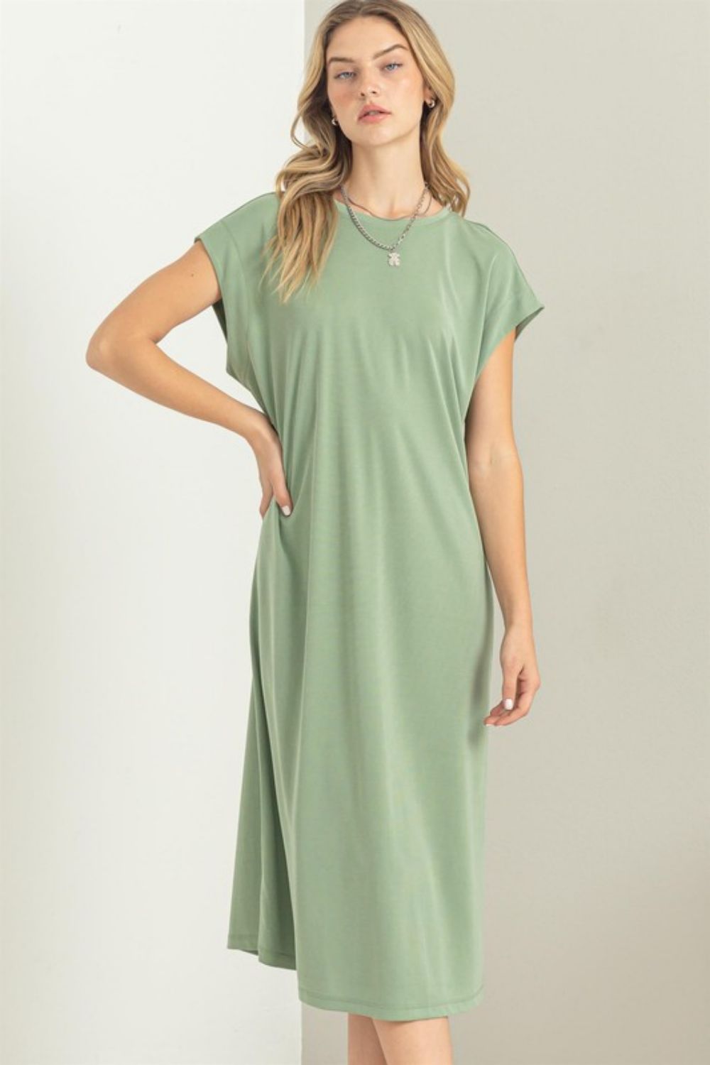 HYFVE Round Neck Midi Tee Dress in Matte Olive