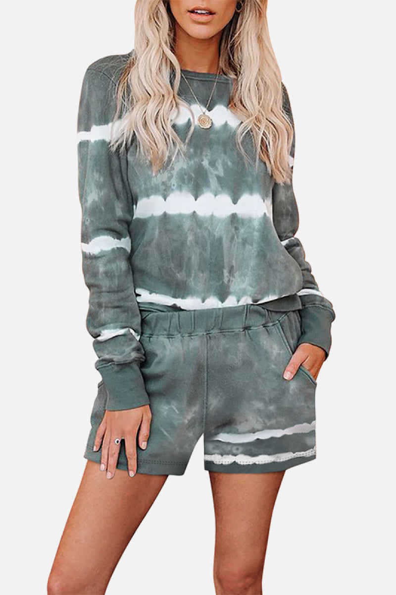 Tie-dyed Stripes Long Sleeve Shorts Lounge Set