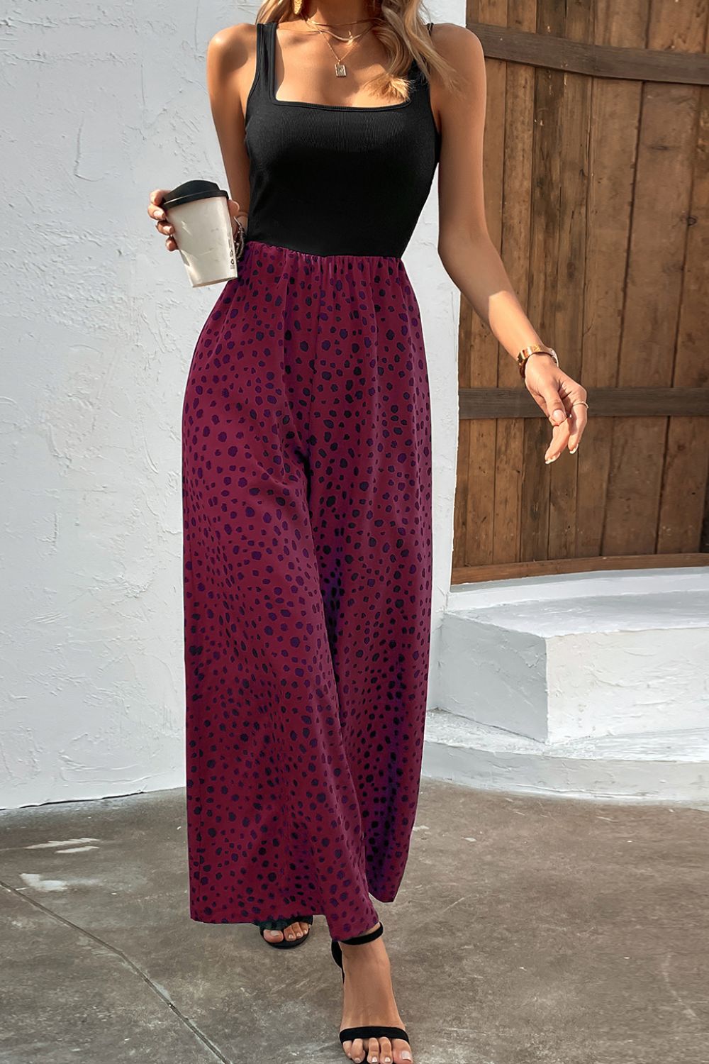 Two-Tone Square Neck Wide Leg Jumpsuit