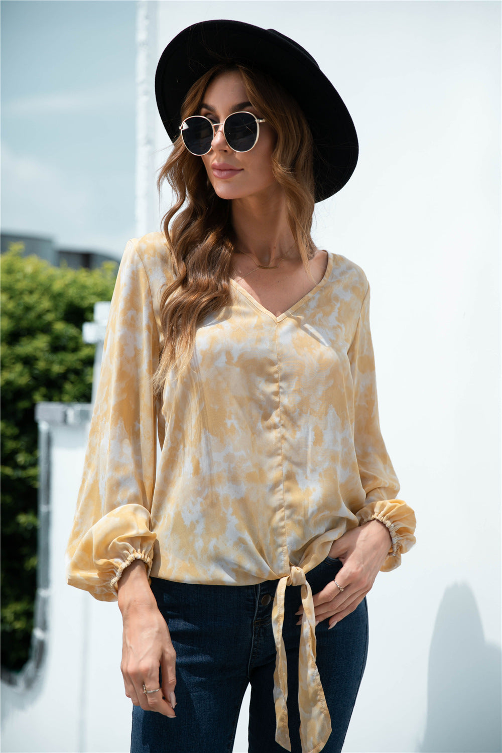 Tie-Dye Tied Balloon Sleeve Blouse