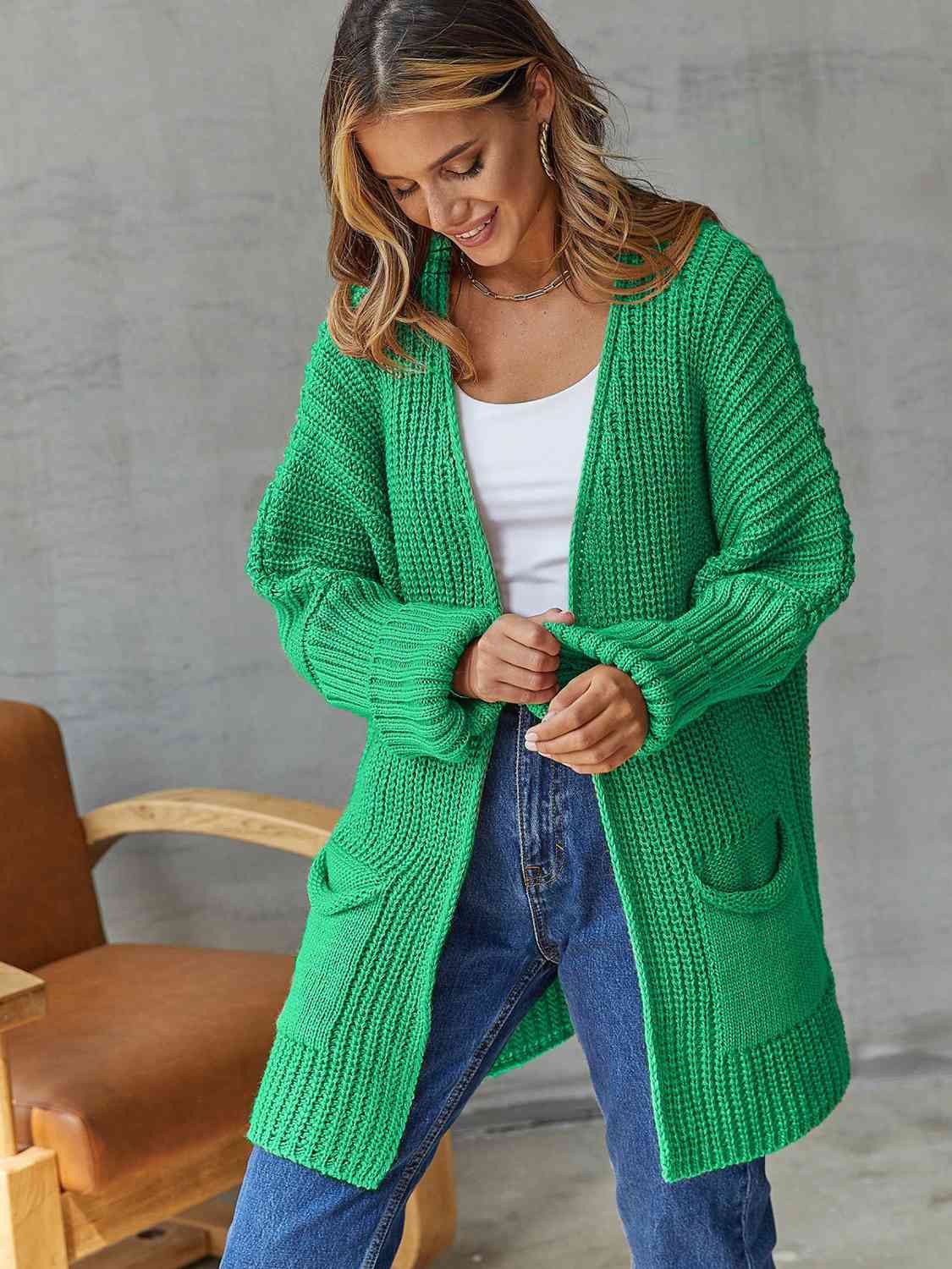 Open Front Long Sleeve Cardigan with Pockets