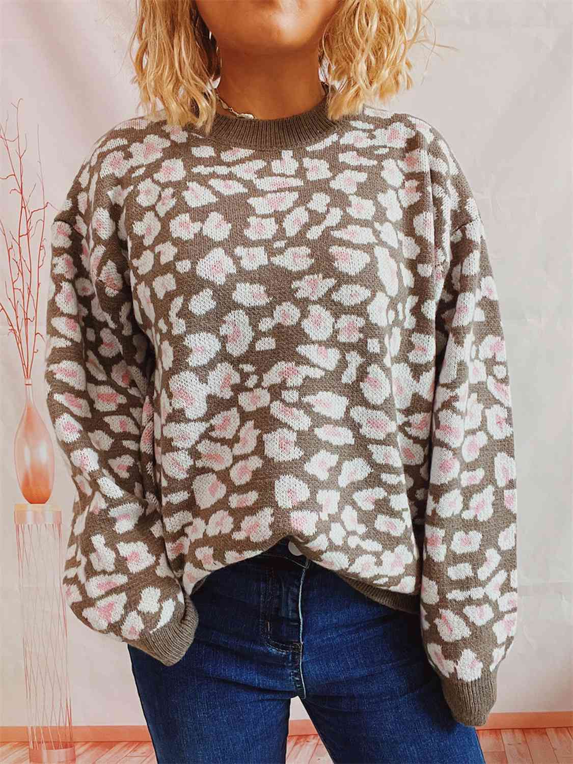 Leopard Round Neck Long Sleeve Sweater