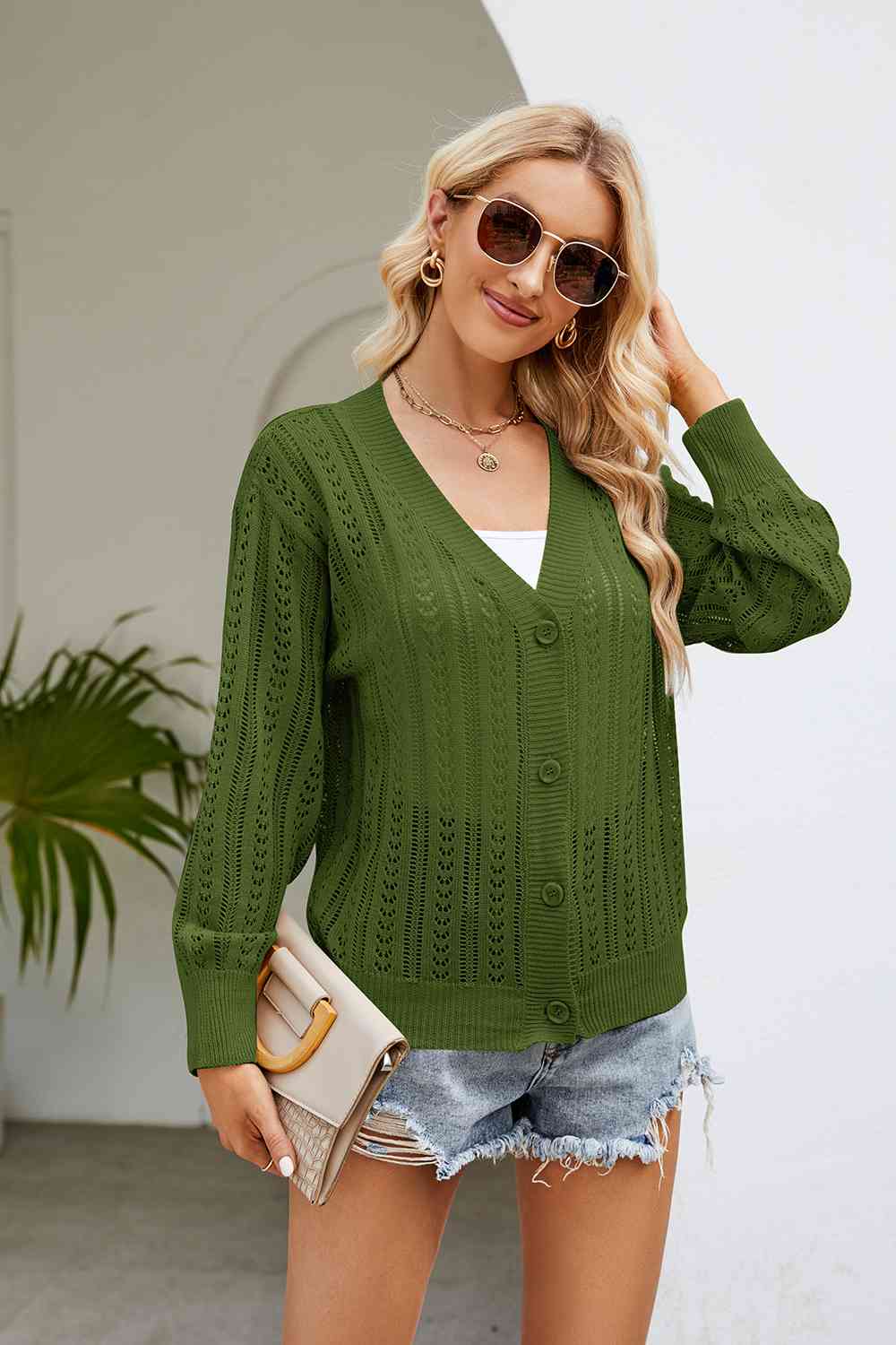 Openwork Button Front V-Neck Cardigan