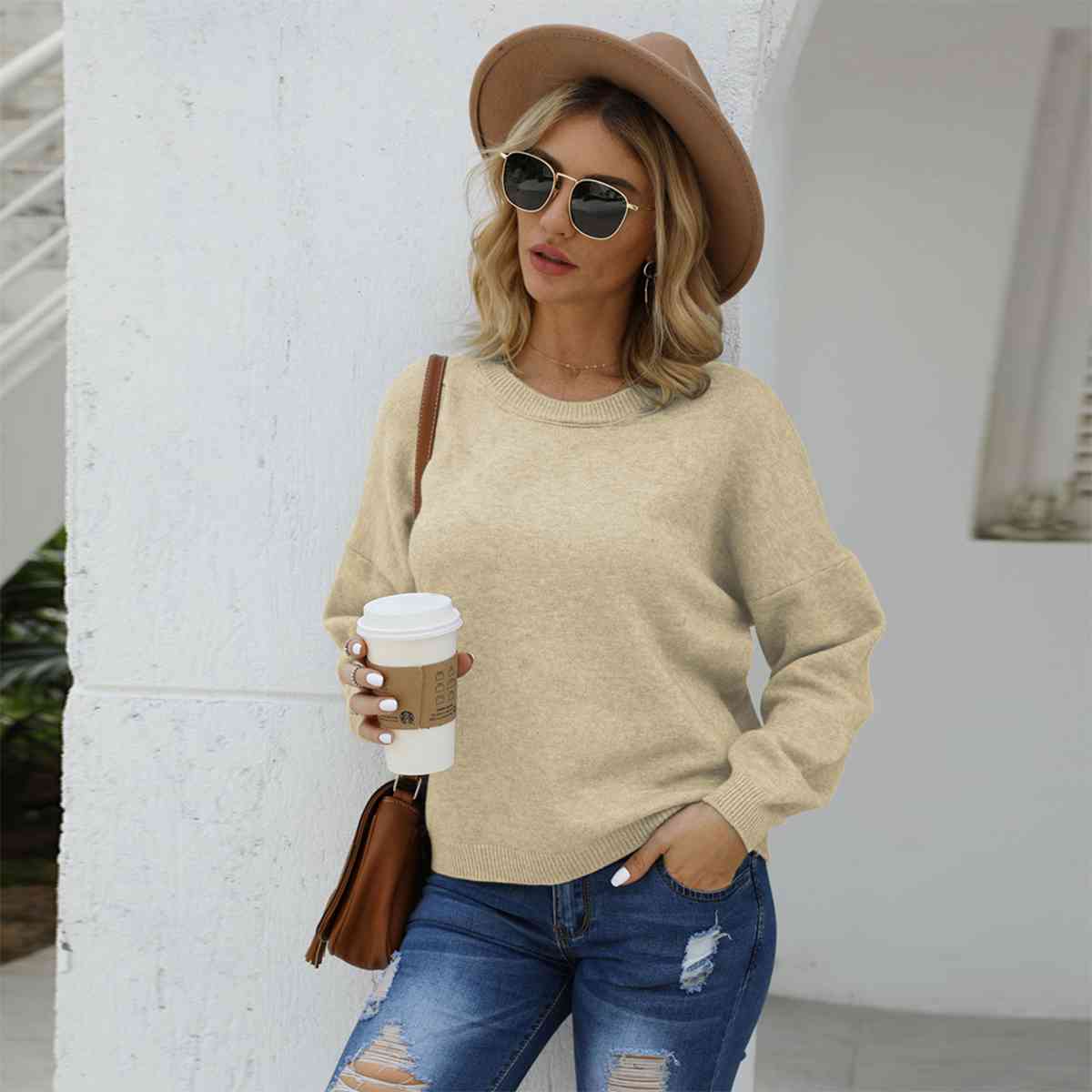 Round Neck Long Sleeve Drop Shoulder Sweater