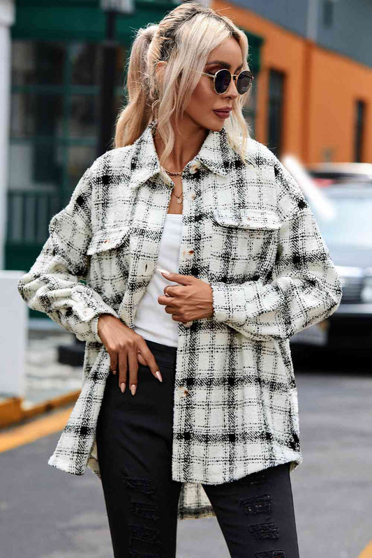 Plaid Dropped Shoulder Collared Jacket