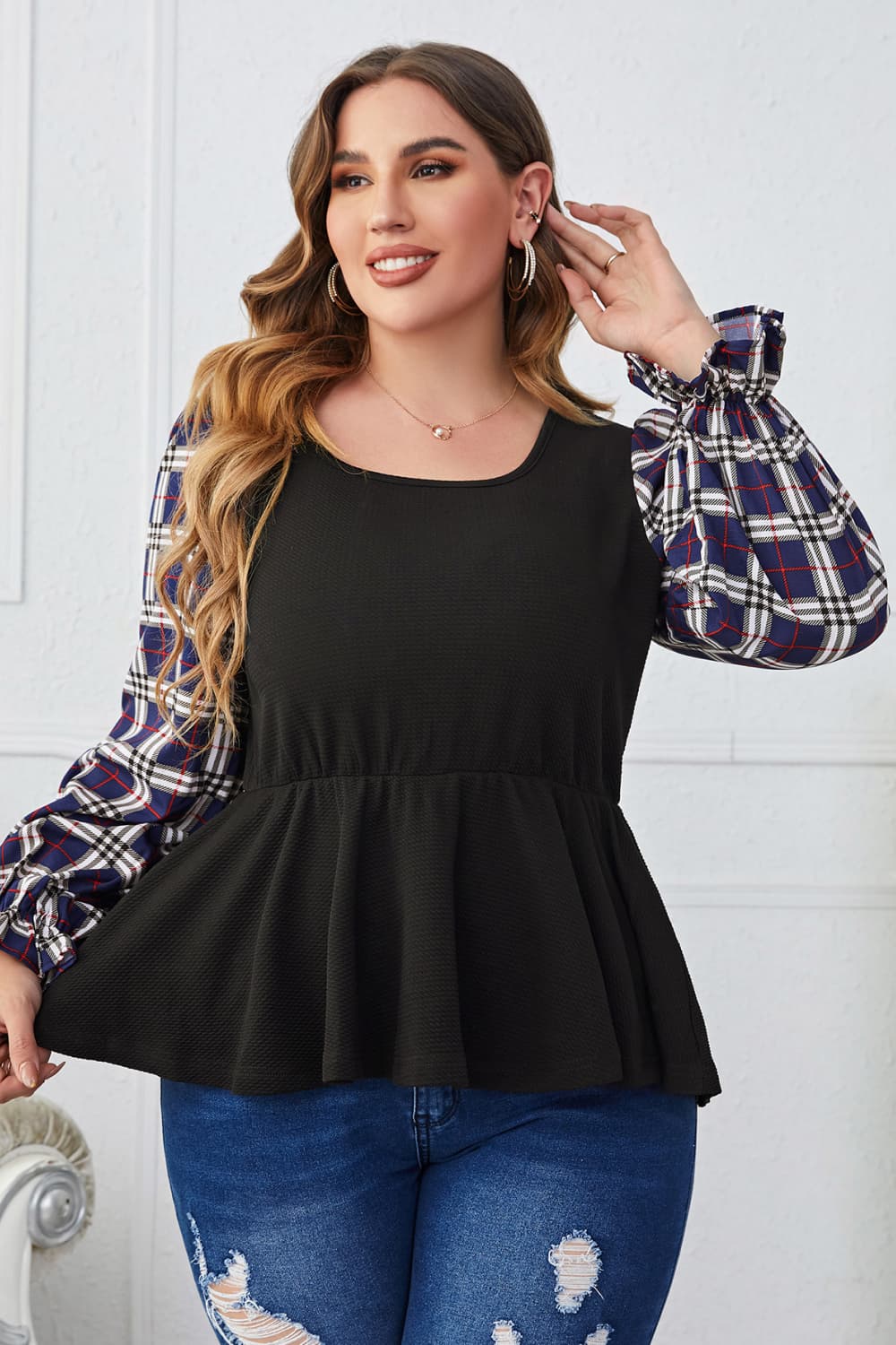 Plus Size Plaid Print Square Neck Ruched Blouse