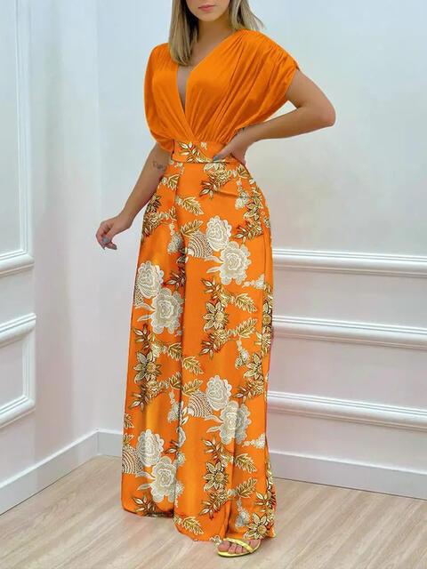 Printed Surplice Top and Wide Leg Pants Set