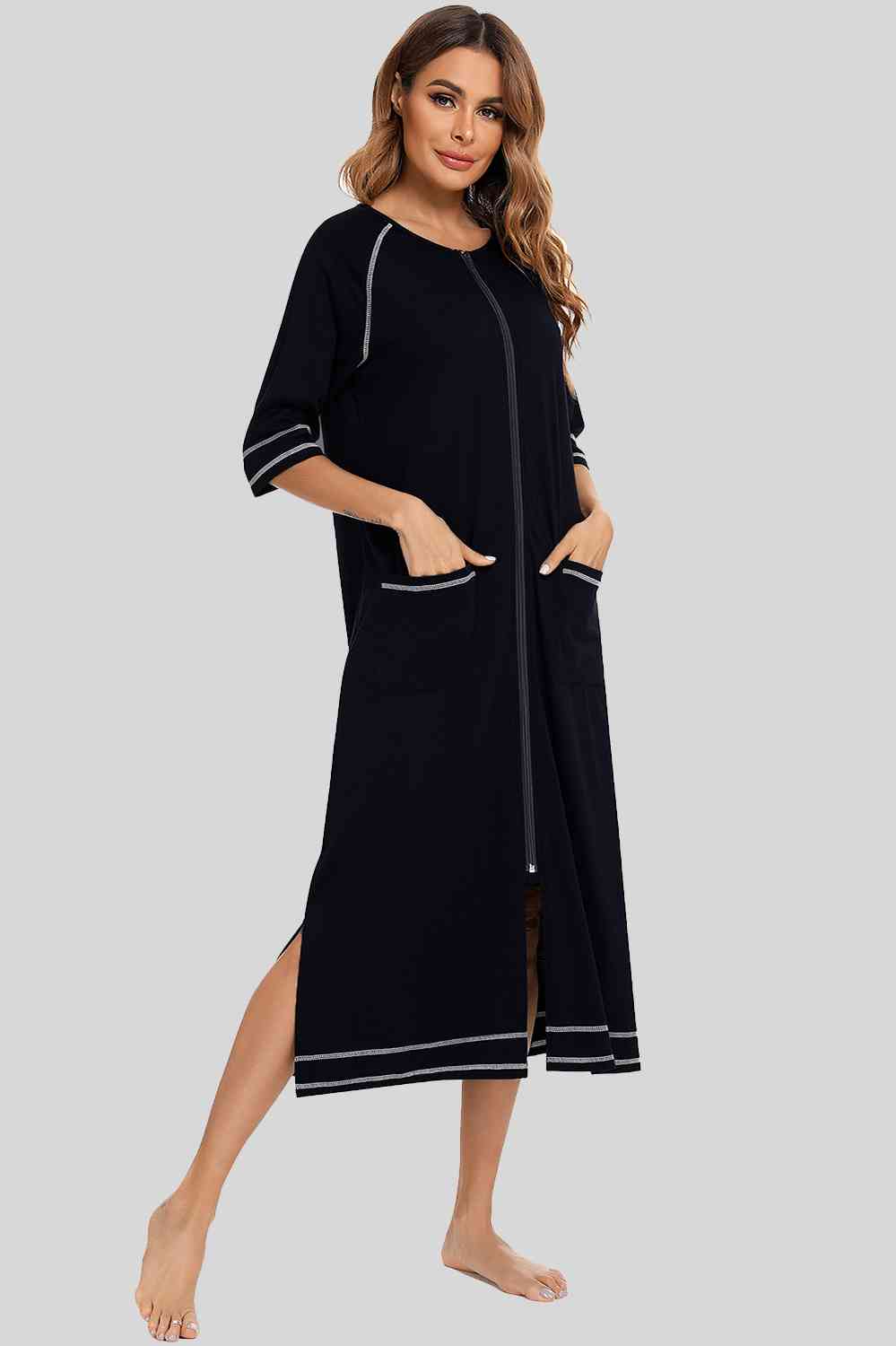 Zip Up Slit Round Neck Night Dress with Pockets