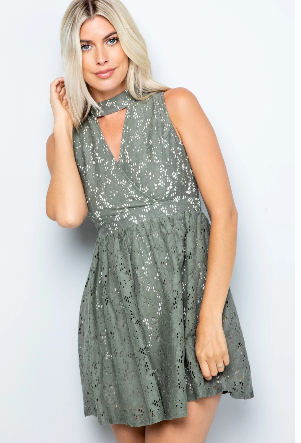 Sexy Olive Green Lace Mini Dress - L